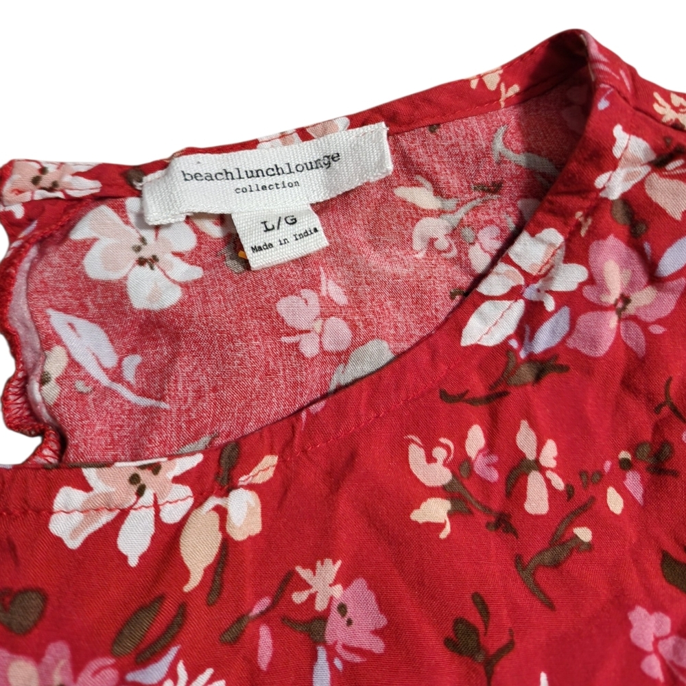 beachlunchlounge sz L large Red floral ruffle sleeve dress - Picture 5 of 7
